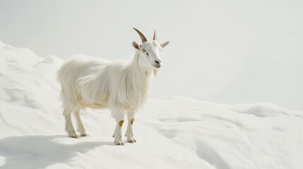 Obraz premium White goat on snowy mountain peak, serene nature scene, possible use for nature, wildlife, winter imagery