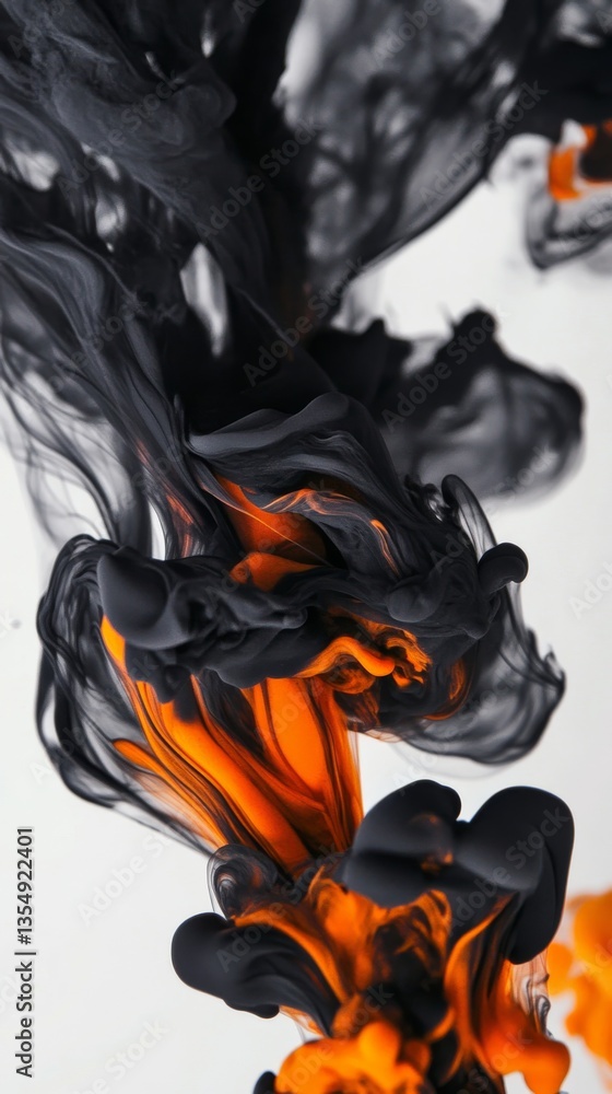 Poster dynamic close-up of swirling orange and black ink in water, showcasing bold, contrasting patterns an