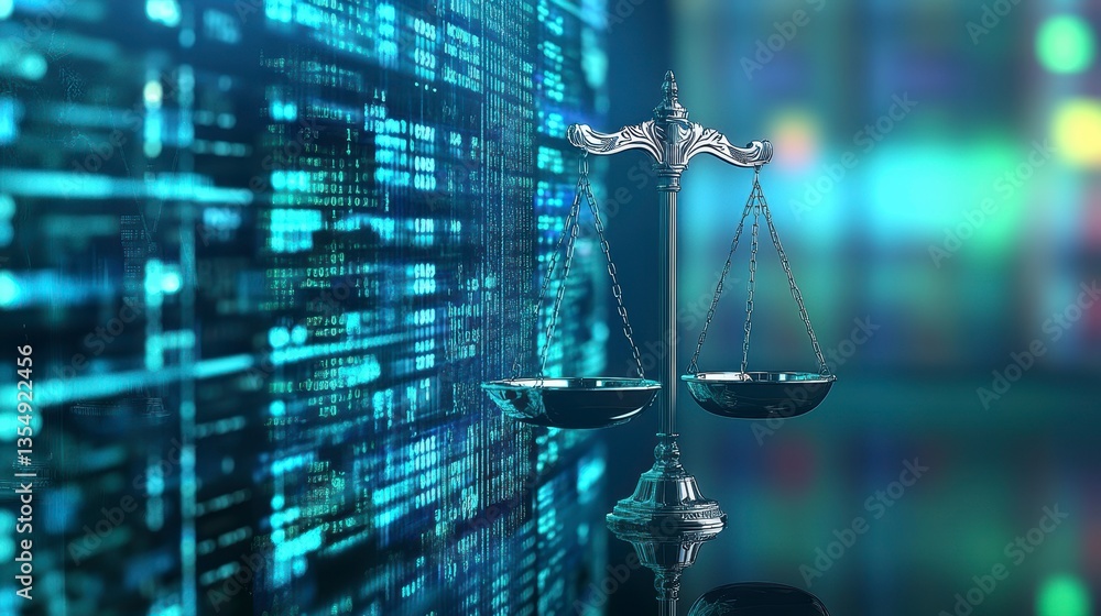 Aufkleber Scales of justice reflected on a digital background, symbolizing cyber law and data security.