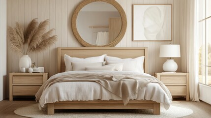 Cozy bedroom interior with natural wood furniture and soft textures