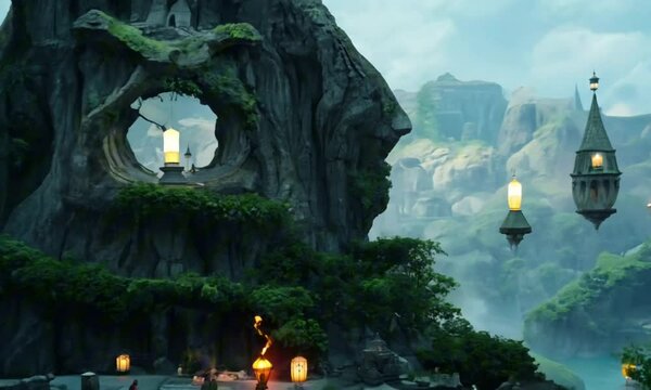 A vast, ancient city is nestled into the rocky form of a sleeping stone giant, its glowing eyes just beginning to stir. Vines and waterfalls spill from its colossal limbs