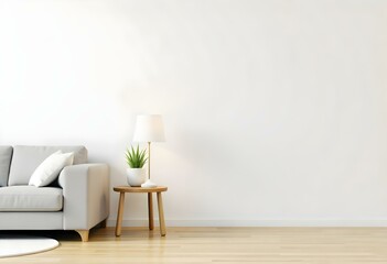 The style is 3D model with octane render volumetric, highly detailed for videogame design. Interior of a living room with a white sofa, a wooden side table with a plant and a lamp with a wooden wall 