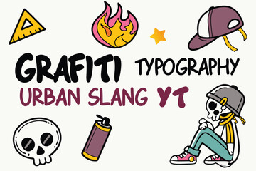 27 Graffiti stickers collection, street art typography, urban slang words, spray paint text, colorful graffiti tags, skater culture symbols, underground subculture icons, punk aesthetic graphics, neon