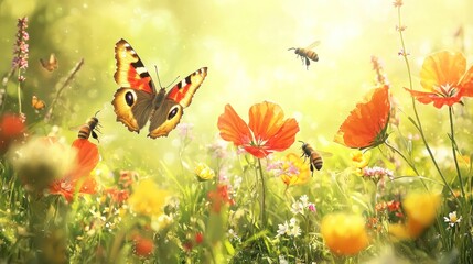 Vibrant meadow bathed in sunlight, showcasing butterflies and bees amidst colorful flowers