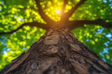 Fototapeta premium Upward view of a tree trunk, vibrant green leaves, and bokeh effect against the sunshine and sky.