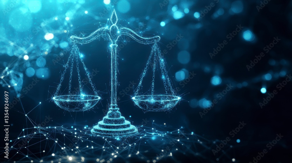 Poster abstract glowing scales of justice on digital network background.