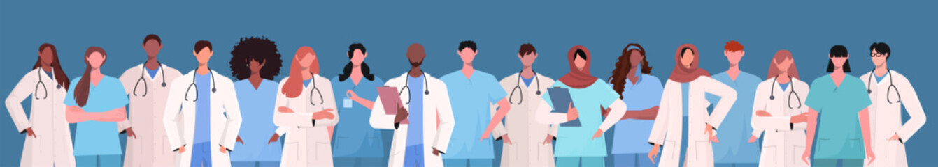 Fototapeta premium Doctors team isolated on blue background. A group of professional therapist and hospital staff in uniforms standing together. Vector illustration Not AI generated