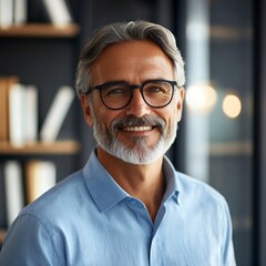 Obraz premium Smiling Mature Man Portrait Wearing Glasses in a Home Office Setting