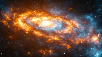 Naklejka premium Fiery spiral galaxy, cosmic dust, space background, science fiction