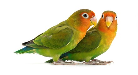 Fototapeta premium A close-up of two vibrant lovebirds showcasing their bright green feathers and unique facial patterns, capturing the essence of avian companionship for nature and pet lovers.