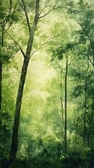 Serene forest scene with lush, verdant greenery