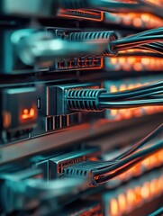 Close-up of data cables connected to a server. Concept of high-speed internet, data transfer, and modern communication technologies.