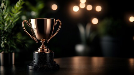 Gleaming gold trophy reflecting achievement and success on dark background