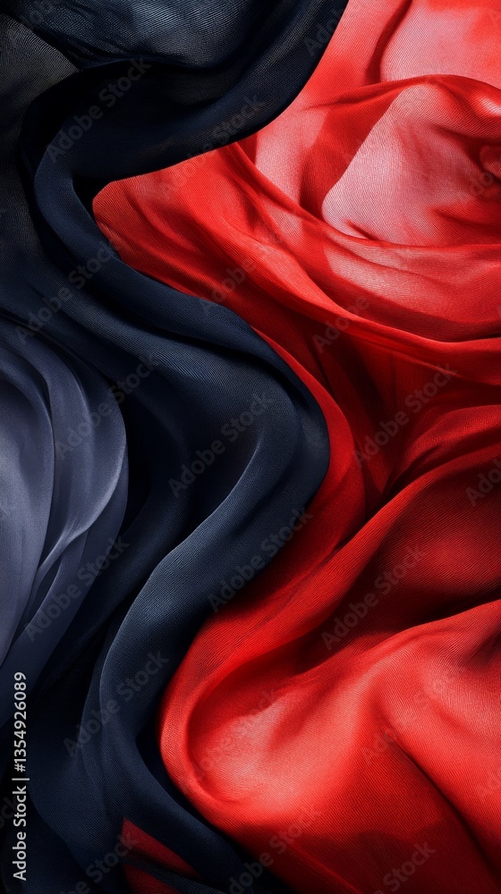 Poster a mesmerizing swirl of red and black silk-like textures, exuding sophistication and artistic appeal.