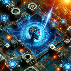 A futuristic cybernetic AI head with glowing circuits and digital elements, representing artificial intelligence and advanced technology.