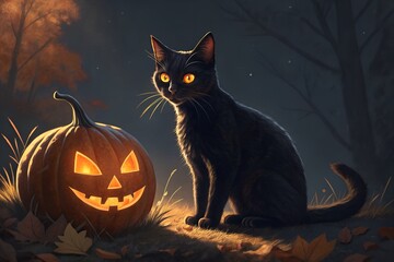 Fototapeta premium Halloween black cat with pumpkin. A realistic black cat lounging near a Halloween pumpkin. Happy Halloween.