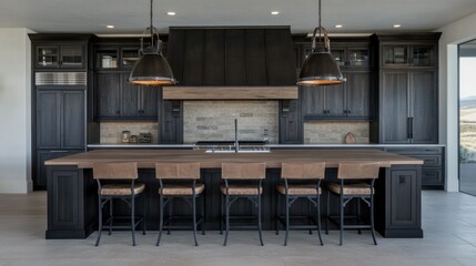 A modern kitchen island with stylish pendant lights and stools