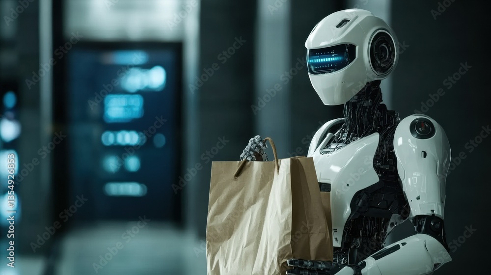 Aufkleber friendly delivery robot hands over grocery bag in a clean futuristic cyberpunk environment with smoo