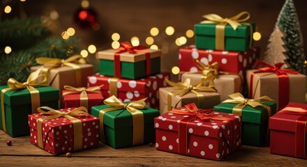 Obraz premium A festive scene with a variety of beautifully wrapped Christmas gifts in colors and patterns, adorned with shiny ribbons, twinkling lights, and a small Christmas tree.