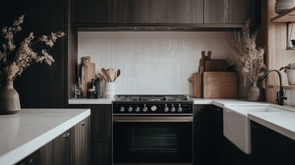 A modern kitchen with elegant details and dark wooden cabinets