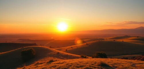 Retro sunburst over textured landscape at dawn, orange, design, morning