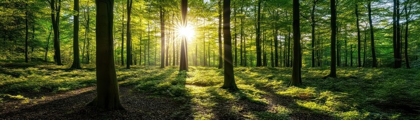 Obraz premium Sunlight streams through tall green trees in a peaceful forest setting