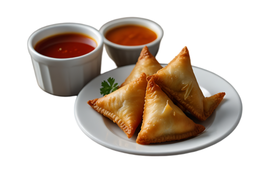 Samosa in plate with sauce isolated on transparent background