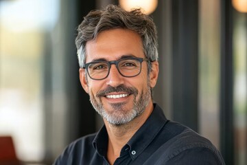 Obraz premium Smiling Man Portrait Wearing Glasses with Salt and Pepper Hair