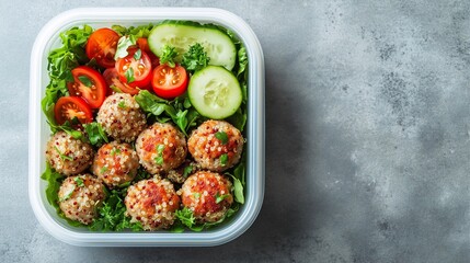 Healthy Meal Prep Bowl with Meatballs and Fresh Vegetables  