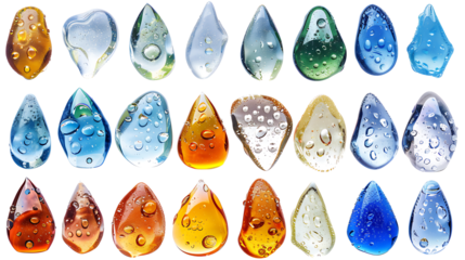 Collection of raindrops and wet glass effects, isolated on a white background