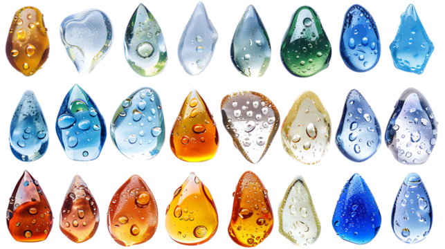 Collection of raindrops and wet glass effects, isolated on a white background