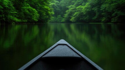 Obraz premium Serene kayak journey through a lush green forest. Calm water reflects the surrounding trees
