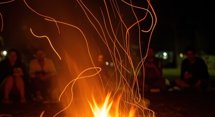 A vibrant campfire lights up the night with swirling sparks as people gather around, enjoying cozy conversations and the warmth of togetherness in the great outdoors.