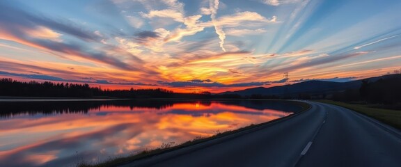 Obraz premium Serene sunset paints the sky reflecting on calm lake beside winding road, yellow, nature, orange