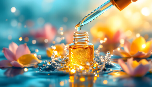 Luxury Facial Serum: Golden Elixir Dropping into Water with Pink Flowers