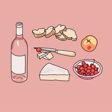 Food and Drinks Icon Set. Wine bottle, Brie Cheese, Berries, Bread, Peach and Knife Vector Illustration for Picnic Deli Restaurant Menu, Infographics, Design Elements