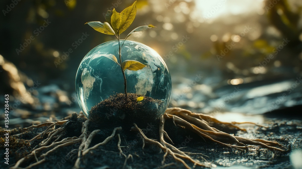 Poster a symbolic representation of nature's resilience, featuring a glass orb with earth's map, sprouting 