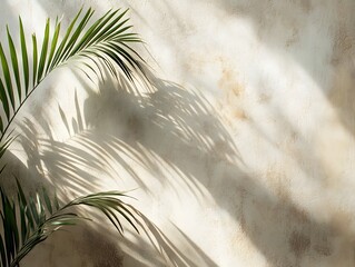 Swaying palm leaves cast impressionistic shadows on a mottled wall.