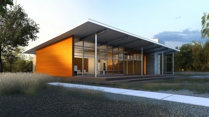 Obraz premium Modern contemporary home sits outdoors surrounded by nature and landscaping