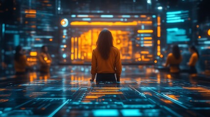Woman viewing data, futuristic control room, team collaboration
