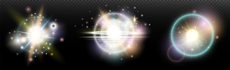 Set of flash light effect with glare and glow on a transparent background. Magic, rainbow glow, shining light, stars, optical flares for design, photomontage, New Year and holiday projects.