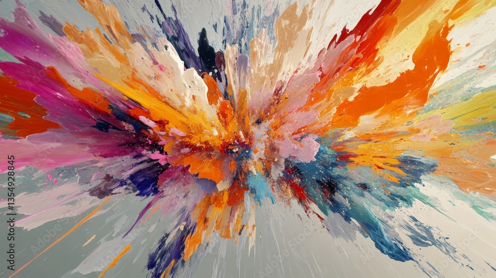 Poster a vivid explosion of multicolored paint strokes radiating outward in an abstract composition, combin