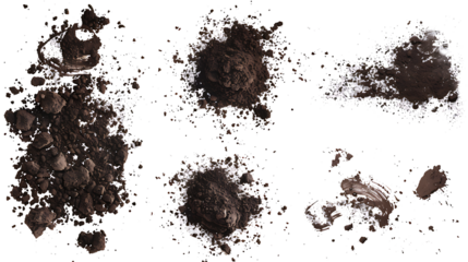 Collection of dirt splatters and scattered soil particles, perfect for design overlays, isolated on a white background