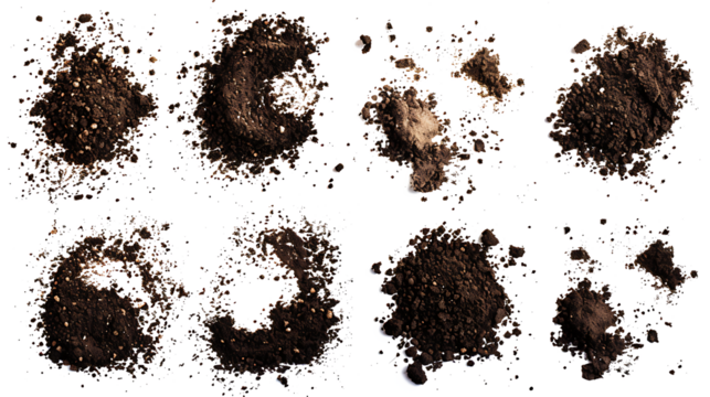 Collection of dirt splatters and scattered soil particles, perfect for design overlays, isolated on a white background
