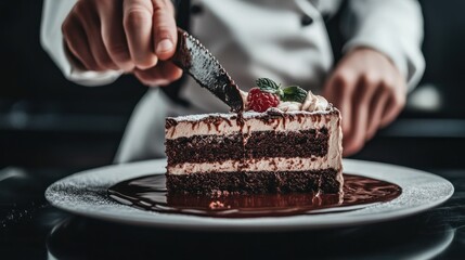 A chef expertly decorates a slice of layered chocolate cake