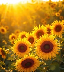 Obraz premium Vibrant sunflowers bathed in golden sunlight, idyllic summer scene, field, sunny