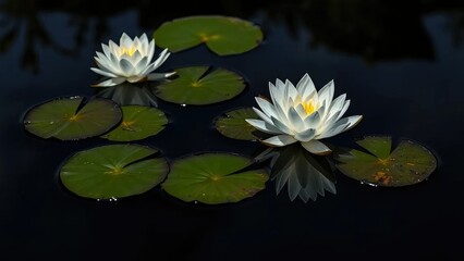 Silent water lilies reflected in darkened pond surface, serenity, reflection