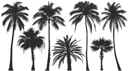 Collection of palm tree silhouettes in different poses, perfect for design elements, isolated on a white background