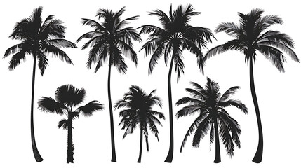 Collection of palm tree silhouettes in different poses, perfect for design elements, isolated on a white background