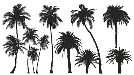 Collection of palm tree silhouettes in different poses, perfect for design elements, isolated on a white background